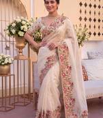 pleasing cream c-pallu embroidery with piping border fendy satin latest designer indian ceremonial saree