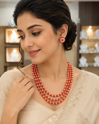 Red coral bead & pearl 3-layer necklace set with stud earrings 3