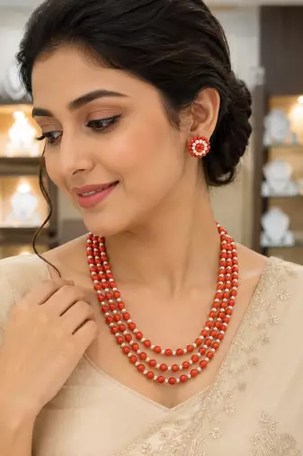 Red coral bead & pearl 3-layer necklace set with stud earrings