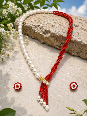 Pearl and red coral bead necklace and earrings jewellery set 1