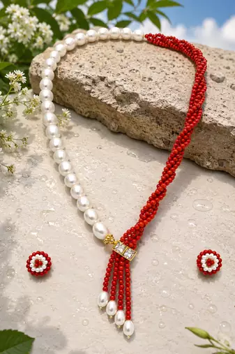Pearl and red coral bead necklace and earrings jewellery set