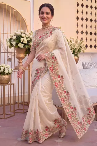 pleasing cream c-pallu embroidery with piping border fendy satin latest designer indian ceremonial saree