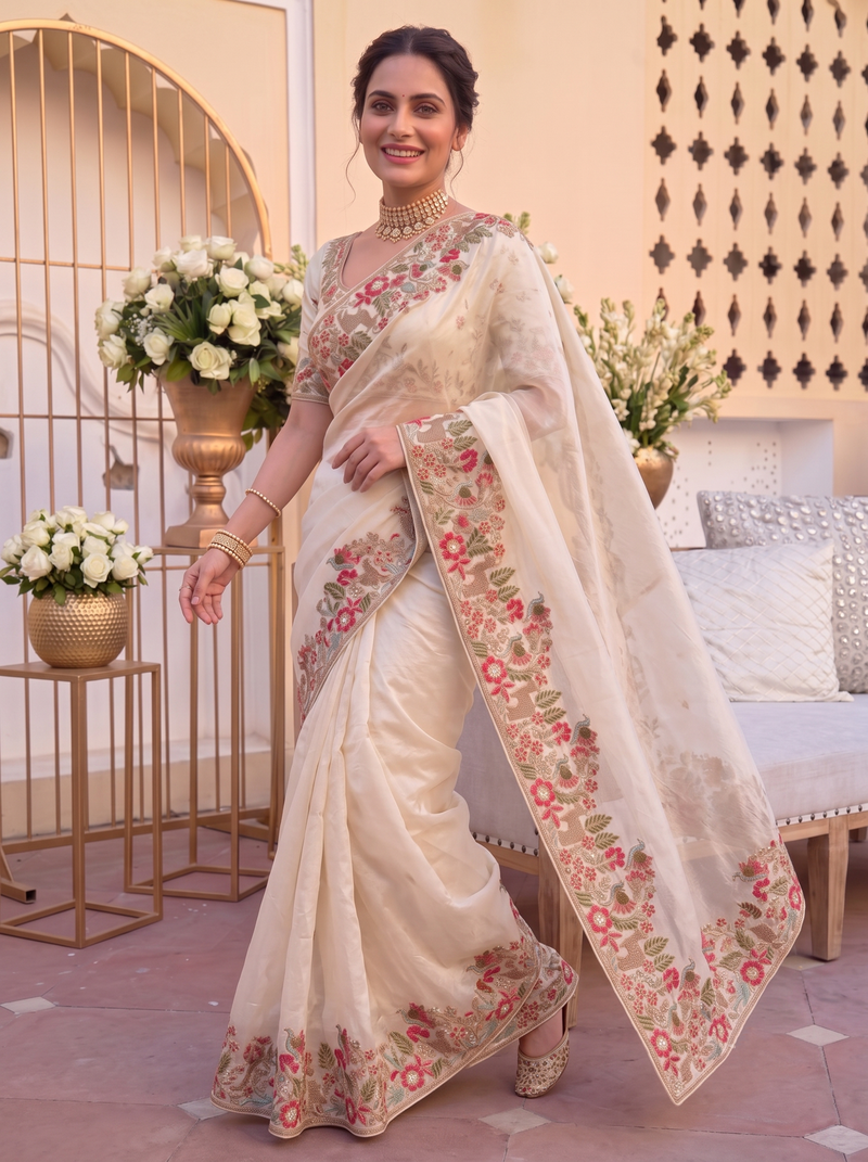 pleasing cream c-pallu embroidery with piping border fendy satin latest designer indian ceremonial saree