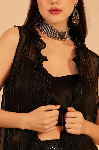 Embroidered Crop Top & Skirt With Shrug Co-Ords