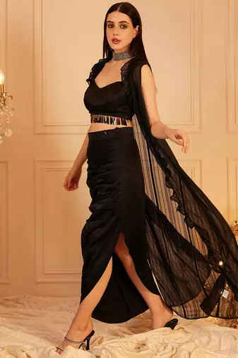 Embroidered Crop Top & Skirt With Shrug Co-Ords