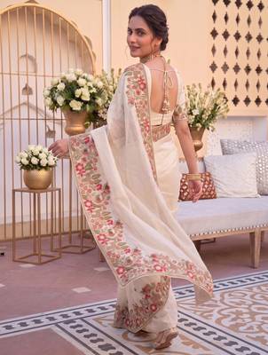 pleasing cream c-pallu embroidery with piping border fendy satin latest designer indian ceremonial saree 3