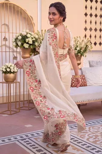 pleasing cream c-pallu embroidery with piping border fendy satin latest designer indian ceremonial saree