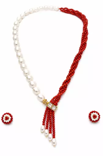 Pearl and red coral bead necklace and earrings jewellery set