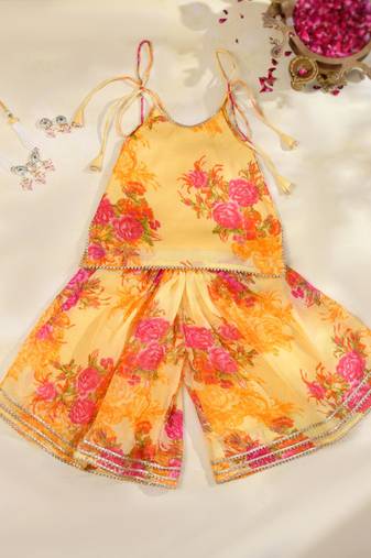 Sunshine yellow floral kota doria tie-up top & flared palazzo set