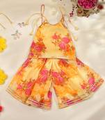 Sunshine yellow floral kota doria tie-up top & flared palazzo set