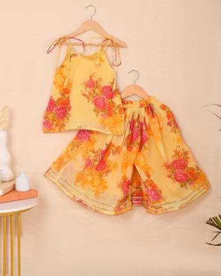 Sunshine yellow floral kota doria tie-up top & flared palazzo set 2