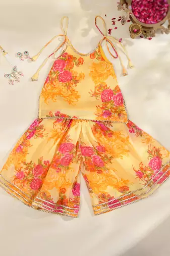Sunshine yellow floral kota doria tie-up top & flared palazzo set