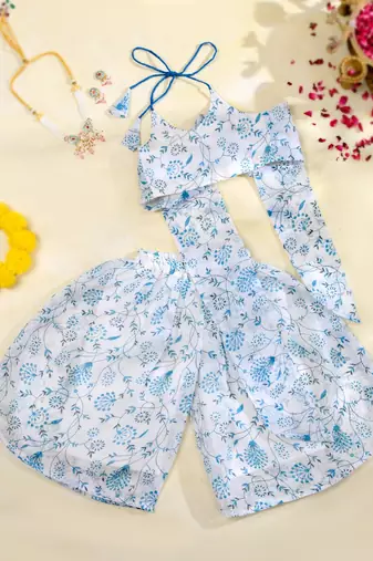 Sky blue floral kota doria peplum top & flared palazzo set