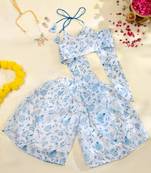 Sky blue floral kota doria peplum top & flared palazzo set