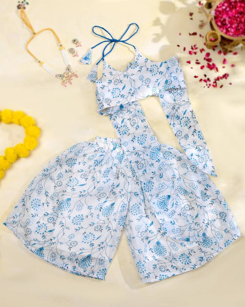 Sky blue floral kota doria peplum top & flared palazzo set