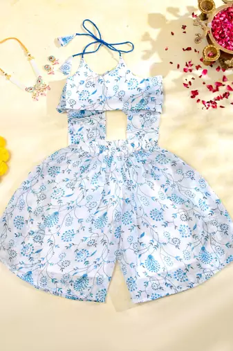 Sky blue floral kota doria peplum top & flared palazzo set