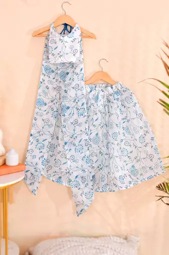 Sky blue floral kota doria peplum top & flared palazzo set