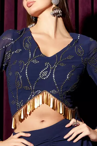 Embellished V-Neck Top With Skirt
