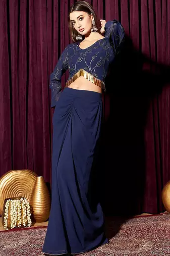 Embellished V-Neck Top With Skirt