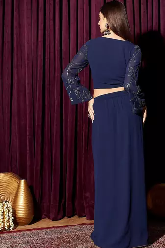 Embellished V-Neck Top With Skirt