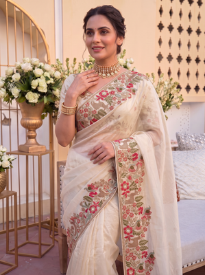 pleasing cream c-pallu embroidery with piping border fendy satin latest designer indian ceremonial saree 4