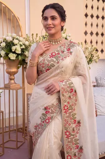 pleasing cream c-pallu embroidery with piping border fendy satin latest designer indian ceremonial saree
