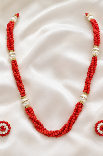 Red coral bead multi-strand necklace and earrings jewellery set