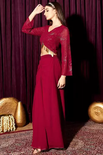 Women Embellished Crop Top With Skirt Co-Ords