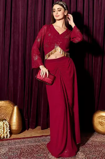 Women Embellished Crop Top With Skirt Co-Ords