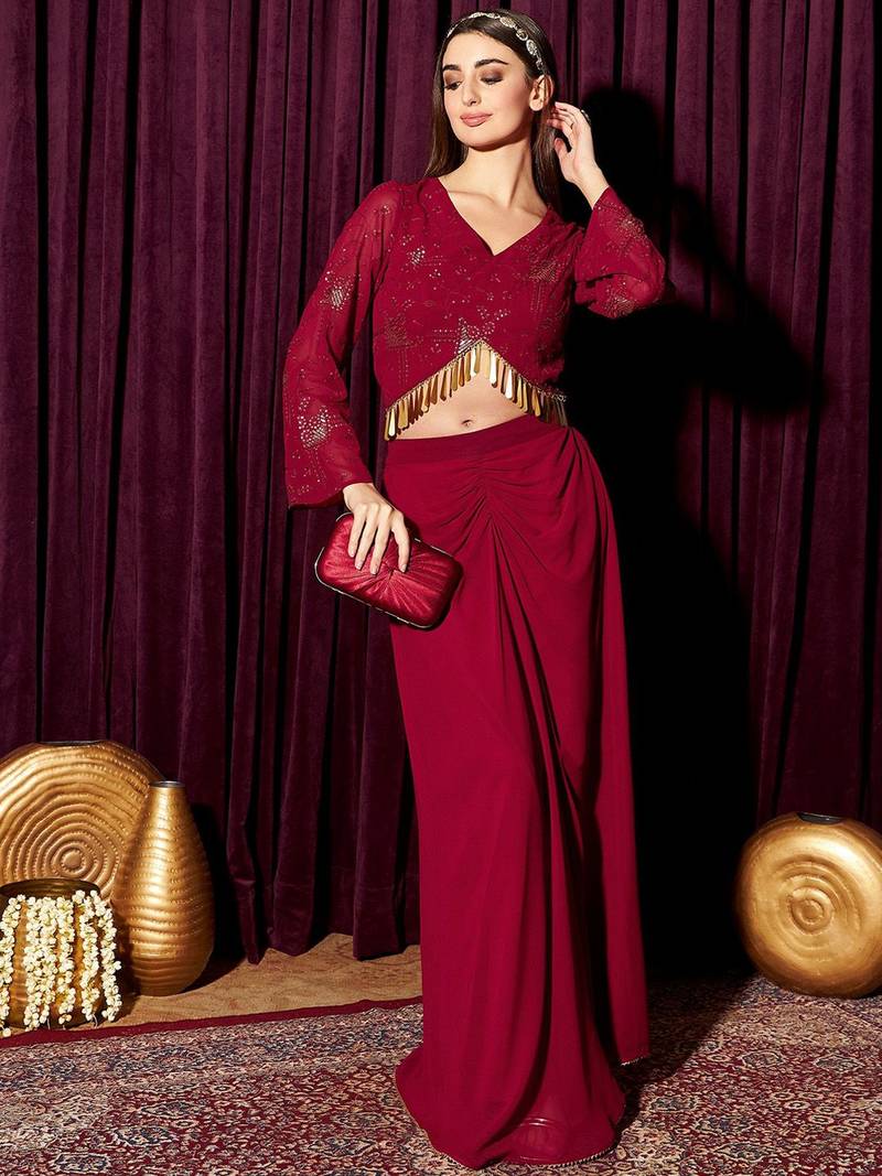 Women Embellished Crop Top With Skirt Co-Ords