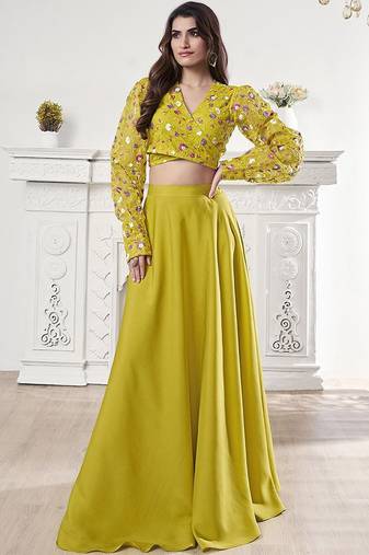 Lime colour Embroidered crop top lehenga choli with flared skirt