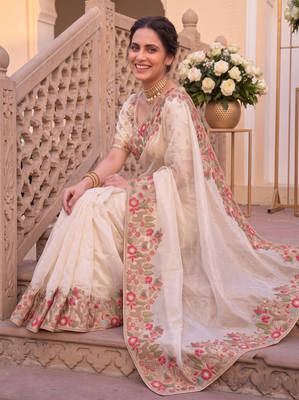 pleasing cream c-pallu embroidery with piping border fendy satin latest designer indian ceremonial saree 5