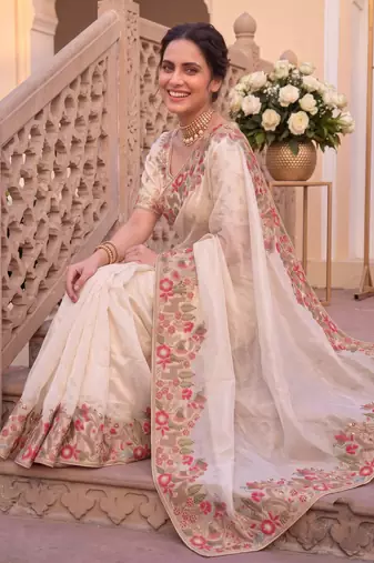 pleasing cream c-pallu embroidery with piping border fendy satin latest designer indian ceremonial saree