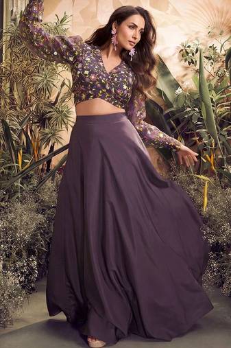 Mauve colour Embroidered crop top lehenga choli With Flared Skirt