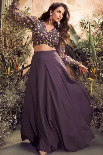 Mauve colour Embroidered crop top lehenga choli With Flared Skirt