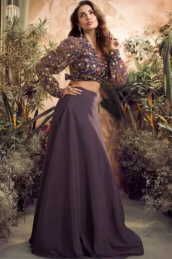 Mauve colour Embroidered crop top lehenga choli With Flared Skirt
