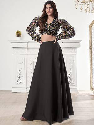 Black colour Thread Embroidered V-Neck crop top lehenga choli 1