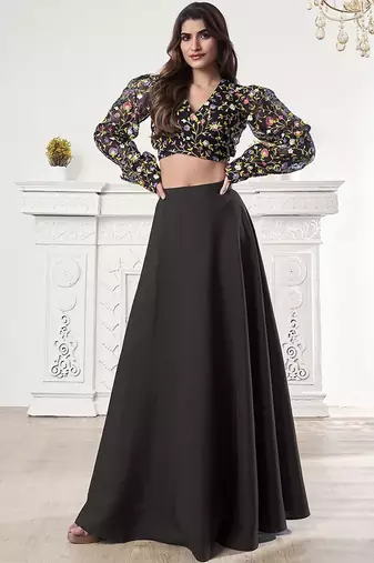 Black colour Thread Embroidered V-Neck crop top lehenga choli