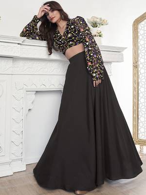 Black colour Thread Embroidered V-Neck crop top lehenga choli 5