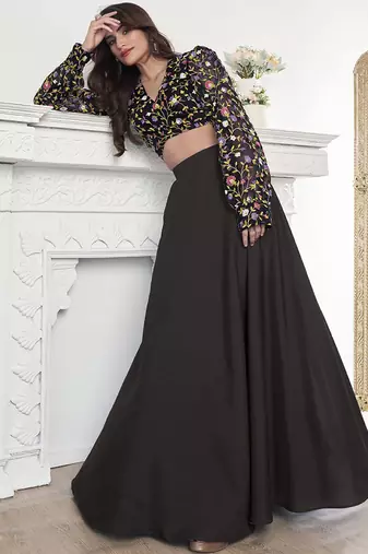 Black colour Thread Embroidered V-Neck crop top lehenga choli