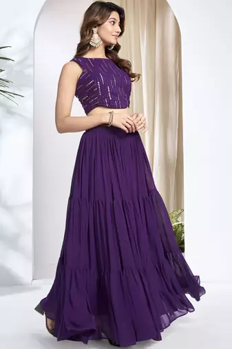 Women Striped Siquinned Embroidered Top with Skirt Co-Ords