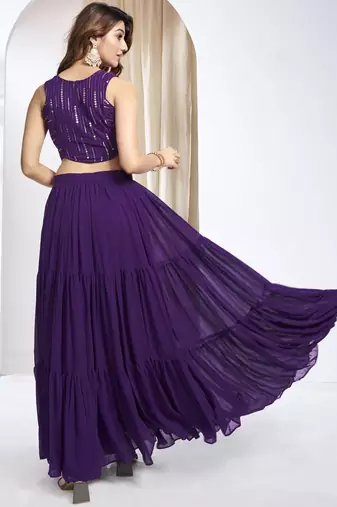 Women Striped Siquinned Embroidered Top with Skirt Co-Ords