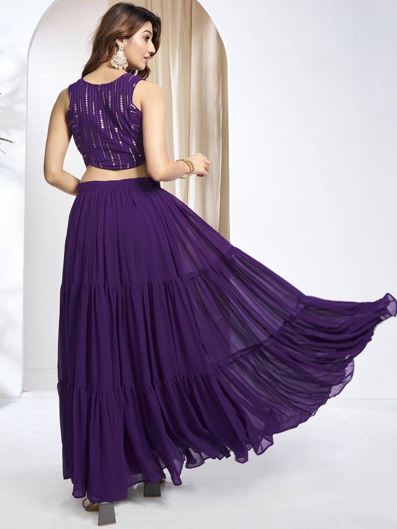 Women Striped Siquinned Embroidered Top with Skirt Co-Ords