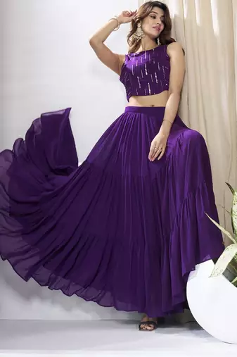 Women Striped Siquinned Embroidered Top with Skirt Co-Ords