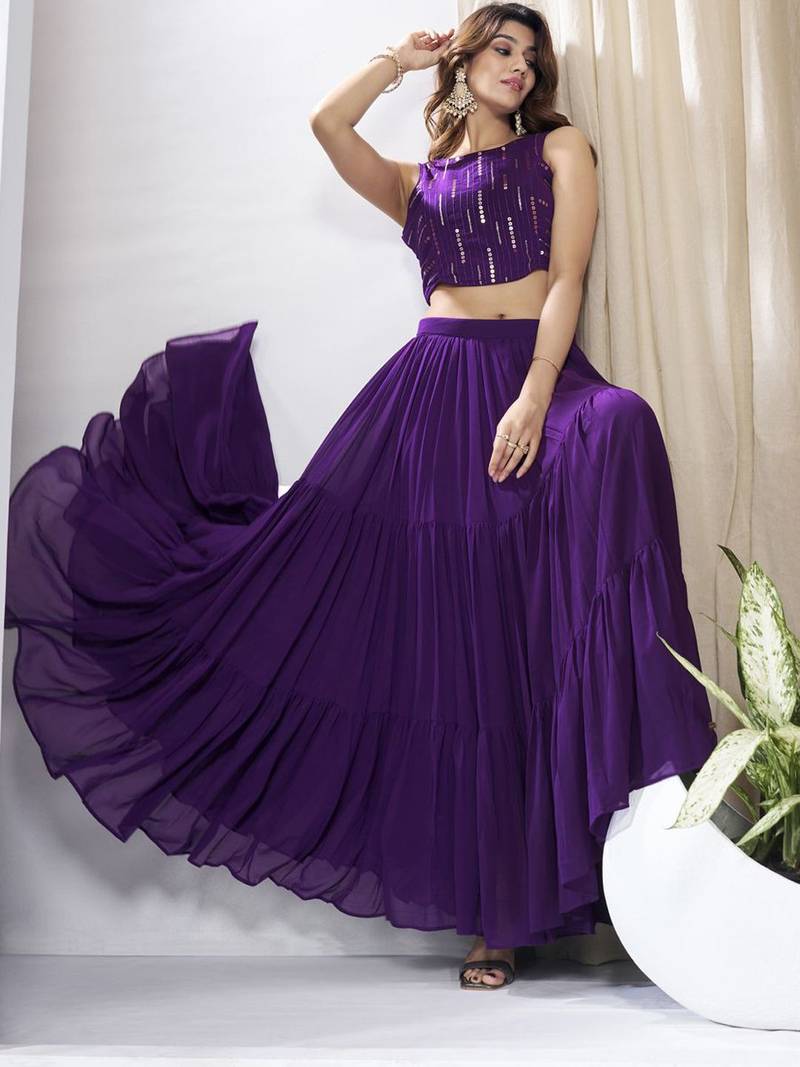 Women Striped Siquinned Embroidered Top with Skirt Co-Ords