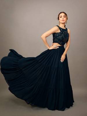 Women Stylish Navy Blue Embellished Top with Solid Skirt 1