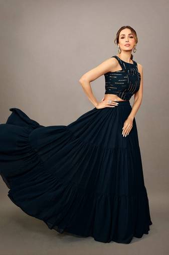 Women Stylish Navy Blue Embellished Top with Solid Skirt