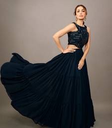 Women Stylish Navy Blue Embellished Top with Solid Skirt