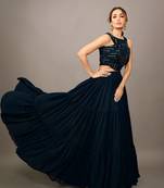 Women Stylish Navy Blue Embellished Top with Solid Skirt