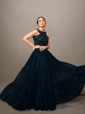 Women Stylish Navy Blue Embellished Top with Solid Skirt 2